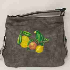 Borsa dipinta a mano con pappagallo verde colorato ed esotico ecopelle borsa green parrot